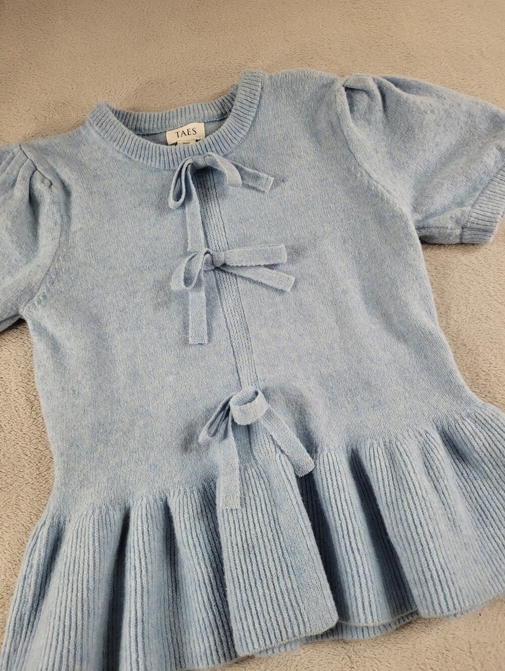 TAES Blue Knit Bow Front Peplum Top Puff Sleeve Sweater - Picture 5 of 11